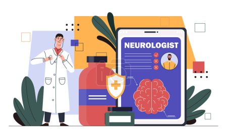 Man neurologist concept. Doctor in medical uniform with sthetoscope. Medical and scientific research. Pills and medicines, drugs. Cartoon flat vector illustration isolated on white background