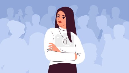 Illustration for Woman near crowd. Young girl standing near crowd of people and sihouettes. Talented and sucessful businesswoman. Unique person in society. One against all. Cartoon flat vector illustration - Royalty Free Image