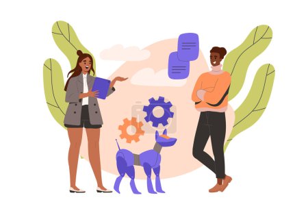 Dog robot concept. Man and woman near coghweels and gears at puppy. Artificial intelligence and machine learning. Modern technologies and innovations. Cartoon flat vector illustration