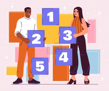 People with phased work. Man and woman with numbers and geometric figures. Organization of efficient workflow. Collaboration and cooperation, partnership. Cartoon flat vector illustration