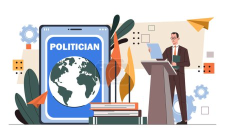 Illustration for Politician performing concept. Public speaker and orator with microphone. Election campaign. Leader at platform for press conference. Cartoon flat vector illustration isolated on white background - Royalty Free Image