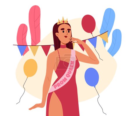 Illustration for Prom queen concept. Woman in red dress and golden crown with colorful air balloons. Graduation party and event, ceremony. Beauty and elegance, aesthetics. Cartoon flat vector illustration - Royalty Free Image