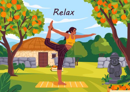 Mujer yoga en el patio trasero. Jovencita estirándose en soleado día de primavera o verano. Árboles con naranjas cerca de estatua de piedra. Estilo de vida activo y ocio al aire libre. Dibujos animados ilustración vector plano