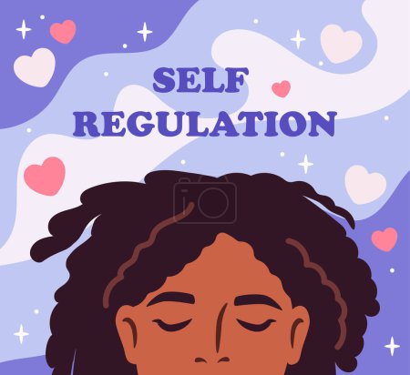 Self regulation poster. Woman with hearts near head. Mental health and psychology. Awareness and mindfulness. Pensive young girl. Cover or banner for website. Cartoon flat vector illustration