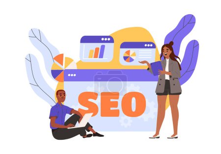 Illustration for SEO system concept. Man and woman with graphs and diagrams. Statistics and infographics. Promotion of website and webpage on internet. Cartoon flat vector illustration isolated on white background - Royalty Free Image