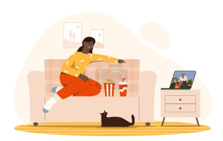Téléchargez les illustrations : Regarder un film à la maison. Femme assise avec panier de maïs pop sur le canapé et regarder l'émission de télévision. Divertissement et loisirs en soirée. Illustration vectorielle plate de bande dessinée isolée sur fond blanc - en licence libre de droit
