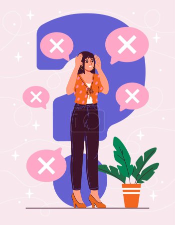 Woman afraid of changes. Girl in panic near question signs. Anxiety and frustration, depression. Mental issues and psychological problems. Cartoon flat vector illustration isolated on pink background