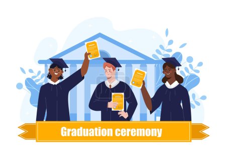 Celebrating graduates students. Man and women in graduation gowns and hats with diplomas or certificates. Aspiration specialists, successful students. Cartoon flat vector illustration