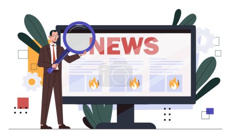 Man with daily news. Businessman with magnifying glass standing near computer monitor. Newspaper on internet. Webpage with information and knowledge. Cartoon flat vector illustration