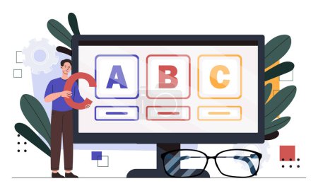 Illustration for Digitized school concept. Man near computer monitor with huge letters. Distant education and learning, training. Online courses and master classes. Cartoon flat vector illustration - Royalty Free Image