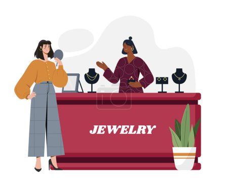 Jewelry shop concept. Woman buys accessories and golden necklace with diamonds and rings. Fashion, trend, style. Aesthetics and elegance. Cartoon flat vector illustration isolated on white background
