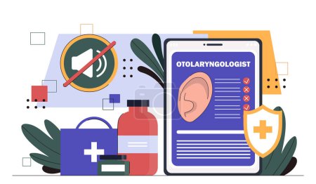 Otolaryngologist online concept. Pills and medicines. Heath care and treatment, diagnosis. Check of hearing abilities. Cartoon flat vector illustration isolated on white background