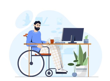 Personne en fauteuil roulant sur le lieu de travail. Un homme assis près d'un ordinateur. Un type handicapé avec des revenus sur internet. Freelance et travailleur à distance. Illustration vectorielle plate de bande dessinée isolée sur fond blanc
