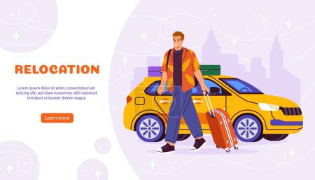 Man with relocation poster. Young guy with luggage near yellow car. Transportation of things. Travels and tourism. Character moving on. Landing webpage design. Cartoon flat vector illustration