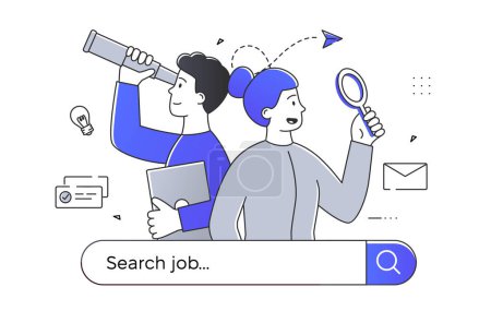 Illustration for People search job linear. Man and woman with magnifying glass. Headhunting and recruiting. Jobless guy and girl, candidates at vacancy. Doodle flat vector illustration isolated on white background - Royalty Free Image