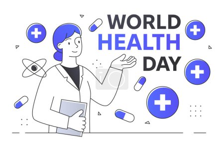 Ilustración de Cartoon illustration of a healthcare worker for World Health Day, with medical icons, on a white background, promoting healthcare. Ilustración vectorial - Imagen libre de derechos