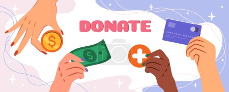 Hand-drawn illustration of hands donating with coin, cash, card, and plus sign on a pastel background, concept of charity support. Vector illustration