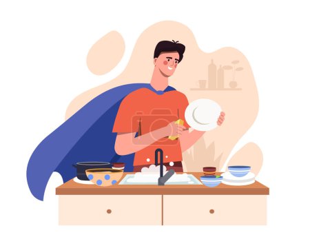 Un hombre con una capa felizmente lavar los platos en una cocina, colores alegres, fondo simple, concepto de tareas domésticas. ilustración plana vector de dibujos animados