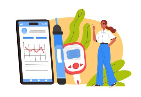 Eine Frau steht neben einem riesigen Smartphone und einem Blutzuckermessgerät, Vektorillustration auf hellem Hintergrund, Konzept Diabetes-Management. Vektorillustration