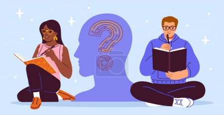 An illustration of two people studying with a stylized question mark inside a head profile, on a light blue abstract background, concept of learning and curiosity. Vector illustration