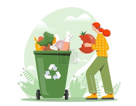 Woman placing oversized tomato in recycling bin. Concept of recycling and sustainability. Flat cartoon vector illustration