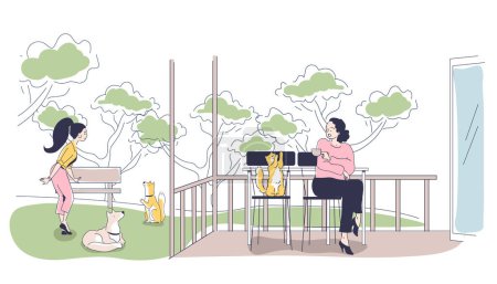 Téléchargez les illustrations : Deux femmes et des chiens en plein air dans une terrasse de café avec des arbres en arrière-plan, dans un style dessiné à la main, transmettant une scène extérieure détendue. Illustration vectorielle moderne de style simple - en licence libre de droit