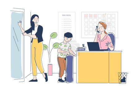 Ilustración vectorial de una oficina escolar con una directora femenina en el teléfono y un niño con una mochila, estilo plano claro, fondo blanco, concepto de educación. Ilustración vectorial plana