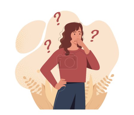 A vector illustration of a thoughtful woman with question marks, on a beige background reflecting confusion. Flat vector illustration