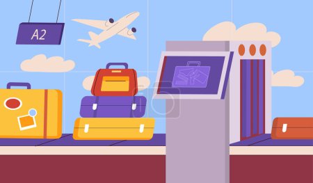 Illustration for Luggage on a conveyor belt at the airport with a plane in the background, travel concept, blue sky. Cartoon vector illustration - Royalty Free Image