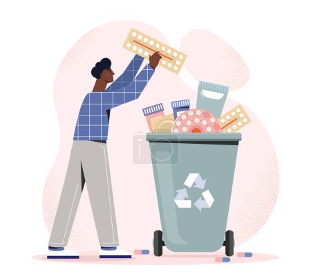 Illustration for Man discarding medications in a recycling bin, vector illustration on a pink background, concept of proper disposal. Flat vector illustration - Royalty Free Image