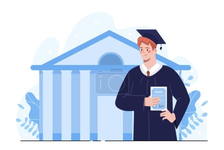 Ein lächelnder männlicher Absolvent mit einem Diplom vor einer illustrierten Bildungseinrichtung auf hellem Hintergrund, Konzept der Abschlussleistung. Vektorillustration