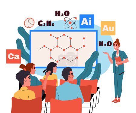 Illustration of a teacher explaining chemistry to students in a classroom setting with educational diagrams. Flat vector illustration