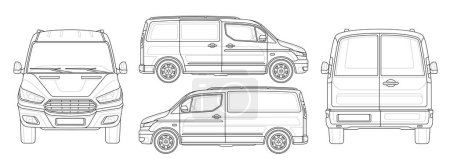 Illustration for Minivan blueprint set. Commercial van mockup for branding, marketing and advertising. Template of empty delivery truck from different sides. Outline vector collection isolated on white background - Royalty Free Image
