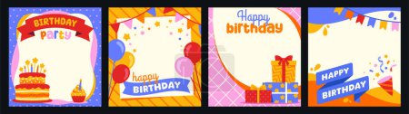 Set von Happy Birthday Frames. Grußkarten-Vorlagen oder Fotokabinen-Attrappen mit Kuchen, Geschenken und Luftballons. Feiertag und Party. Cartoon Flat Vector Collection isoliert auf schwarzem Hintergrund