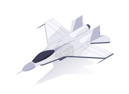 Kampfjet auf weißem Hintergrund, dargestellt in flacher Grafik, symbolisiert die militärische Luftfahrt. Isometrische Vektorabbildung