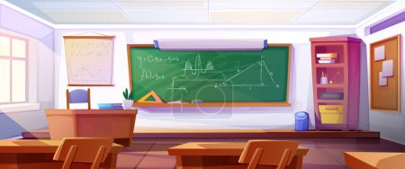 An illustrated classroom with desks, a chalkboard with math equations, and a bookshelf, in a bright cartoon style, depicting an educational setting. Modern vector illustration