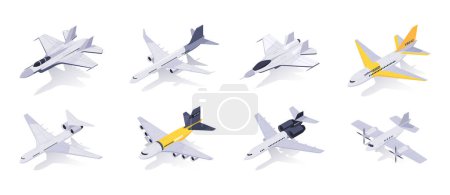 Illustration for A collection of various aircraft models, isolated on a white background, showcasing aviation concepts. Set of detailed vector illustrations isolated on white backgrounds - Royalty Free Image