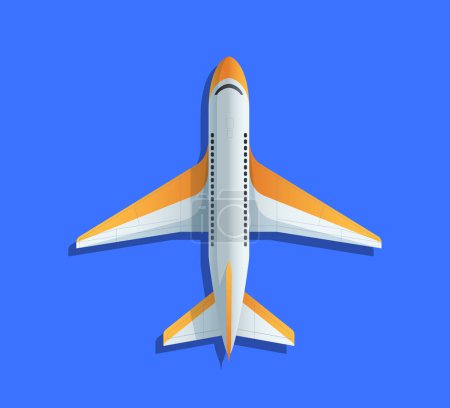 Photo for Top view of commercial airplane in flight, on a solid blue background, concept of air travel. Isolated vector illustration - Royalty Free Image