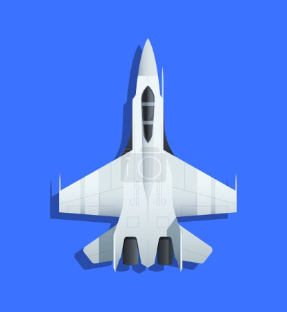 Ilustración de Jet fighter aircraft, flat style. Concept of military aviation. Vector illustration isolated on a blue background - Imagen libre de derechos