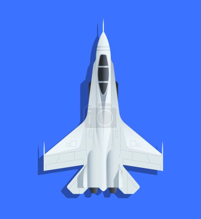 Eine Vektorillustration eines Kampfjets auf einem schlichten blauen Hintergrund, dargestellt in einem flachen grafischen Stil, der das Konzept der militärischen Luftfahrt vermittelt