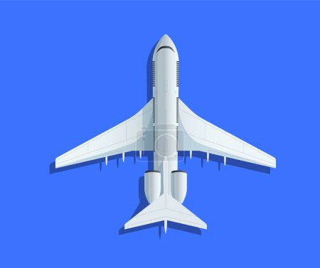 Avión en vuelo desde una perspectiva ascendente, sobre fondo azul, concepto de viaje aéreo. Ilustración vectorial
