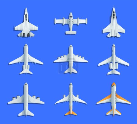 Ilustración de Múltiples tipos de aviones ilustrados desde varios ángulos, ilustración vectorial, sobre un fondo azul, concepto de aviación. - Imagen libre de derechos