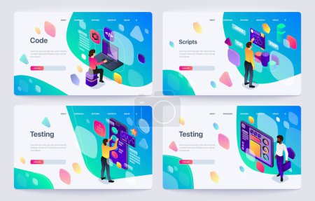 Photo for Set of website interface illustrations featuring characters engaging with code, scripts, and testing on a light background, vector illustration, creative concept of web development - Royalty Free Image