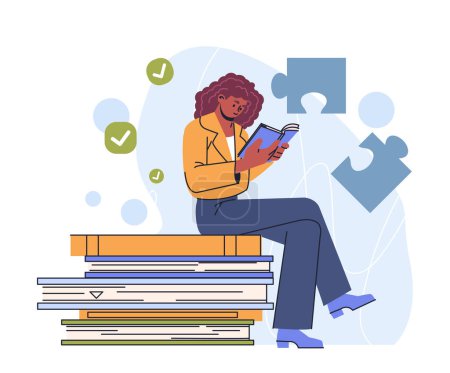 Animated woman reading a book while seated on a stack of books, with puzzle pieces in the background, conveying a concept of learning or problem-solving. Flat cartoon vector illustration
