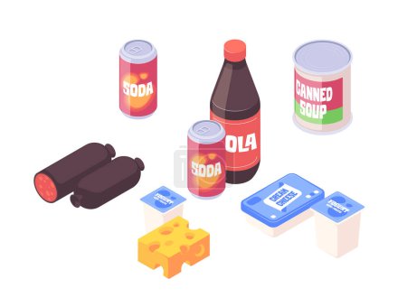 An assortment of isometric grocery items on a light background, set of 3d vector illustrations isolated on white background
