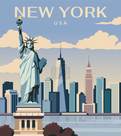 Photo for A stylized illustration of New York City with the Statue of Liberty and skyline, vector graphic on a blue sky and cloud background, concept of travel. Vector illustration - Royalty Free Image