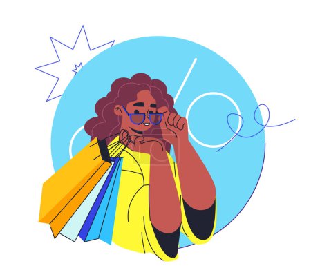 Mujer estilizada con gafas, sosteniendo bolsas de compras, ilustración vectorial sobre un fondo abstracto azul claro, concepto de compras