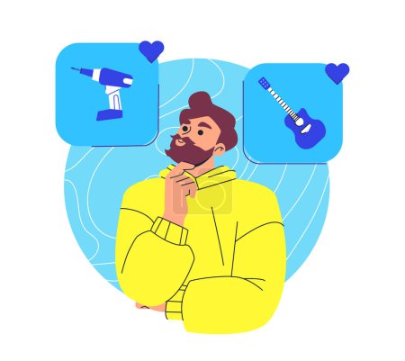 Illustration eines nachdenklichen Mannes mit Gedankenblasen, die eine Bohrmaschine und eine Gitarre enthalten, auf einem abstrakten blauen Hintergrund, der Entscheidungsfindung vermittelt. Vektor-Illustration isoliert auf Weiß