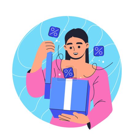 Une femme souriante tenant un cadeau avec des symboles de réduction flottant autour, fond bleu clair et rose, concept d'offres de shopping. Illustration vectorielle isolée sur blanc