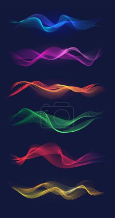 Téléchargez les illustrations : Motifs d'ondes colorés sur un fond sombre, chacun présentant un spectre de couleurs différent pour un attrait visuel. Illustrations vectorielles - en licence libre de droit